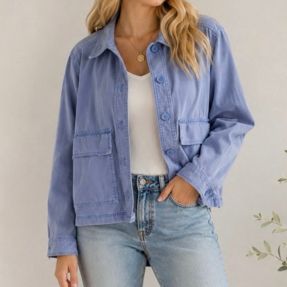 Aerie Lightweight Utility Jacket Blue Large Button Front Casual Layering Coat